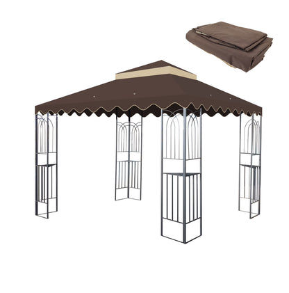 10x10 Ft Outdoor Patio Gazebo Replacement Canopy,Double Tiered Gazebo Tent Roof Top Cover Only wavy border(Frame Not Include)-BROWN