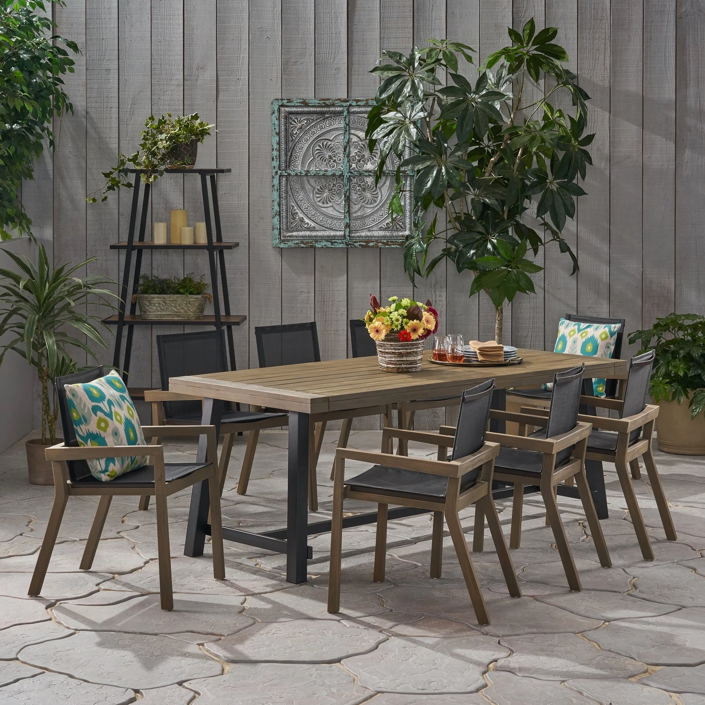 Noble House Beachview 9 Piece Wooden Patio Dining Set in Teak and Black