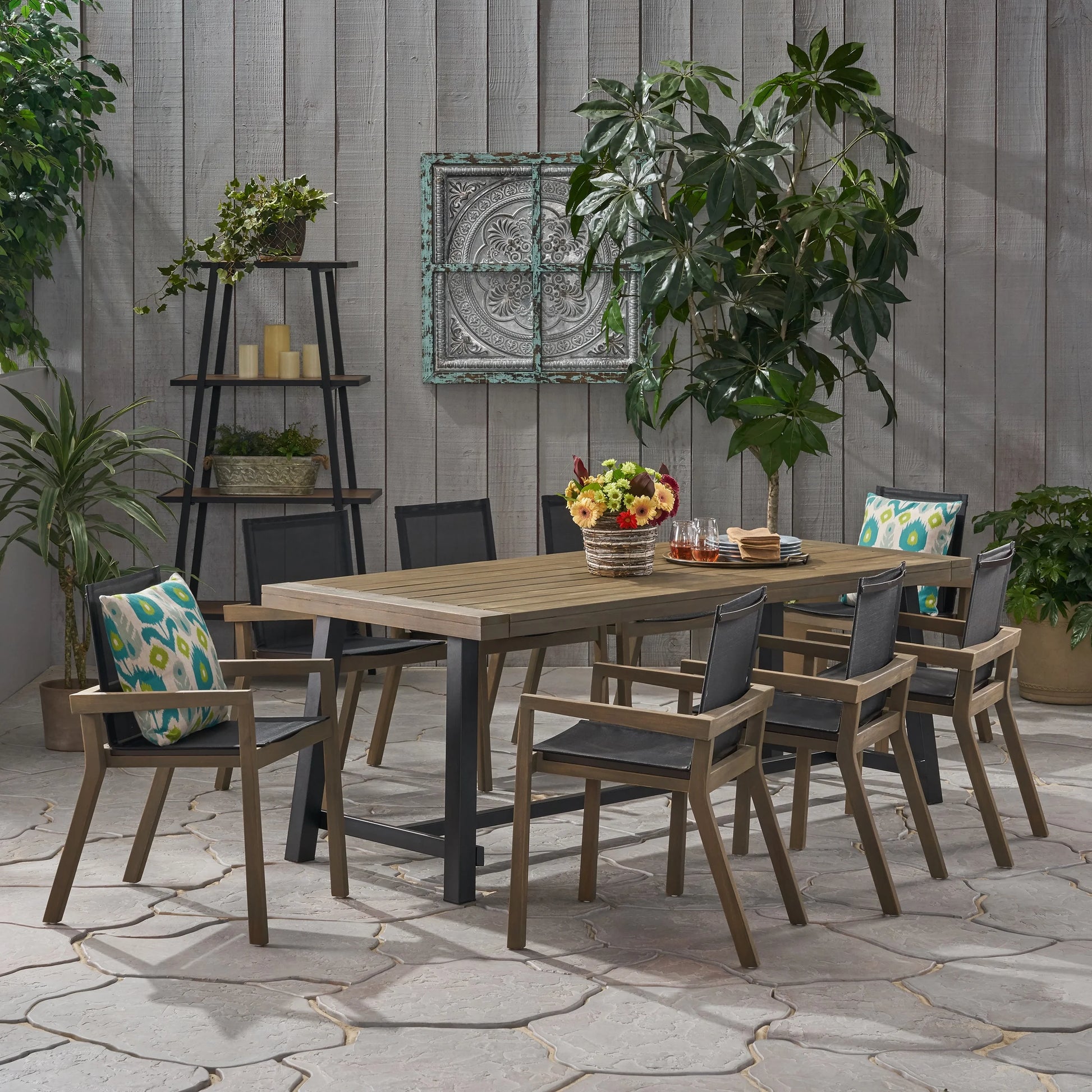 Noble House Beachview 9 Piece Wooden Patio Dining Set in Teak and Black