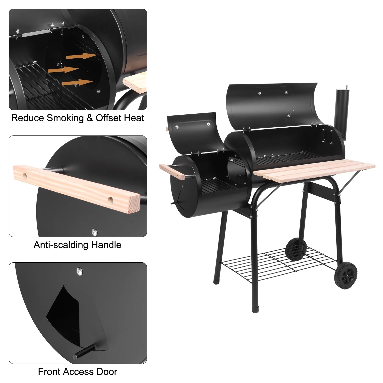 Clearance Charcoal Grill, Portable Oil Drum Charcoal Furnace with Stainless Steel BBQ Smoker, Wood Shelf, Thermometer, Wheels, for patio, Pool, Camping