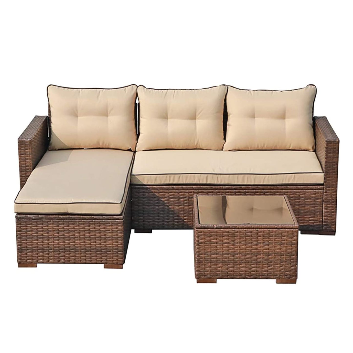 3 Piece Patio Furniture Sets, Outdoor All-Weather Wicker Sectional Sofa Set, Beige