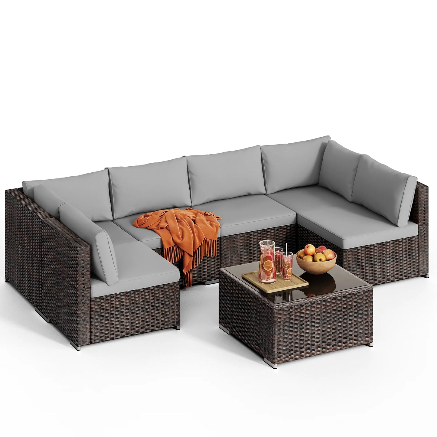 7 Pieces Outdoor Patio Furniture Set, Lofka PE Rattan Sectional Sofa with Tempered Glass Coffee Table & All-Weather Cushions, Patio Conversation Set for Garden, Poolside (Grey)