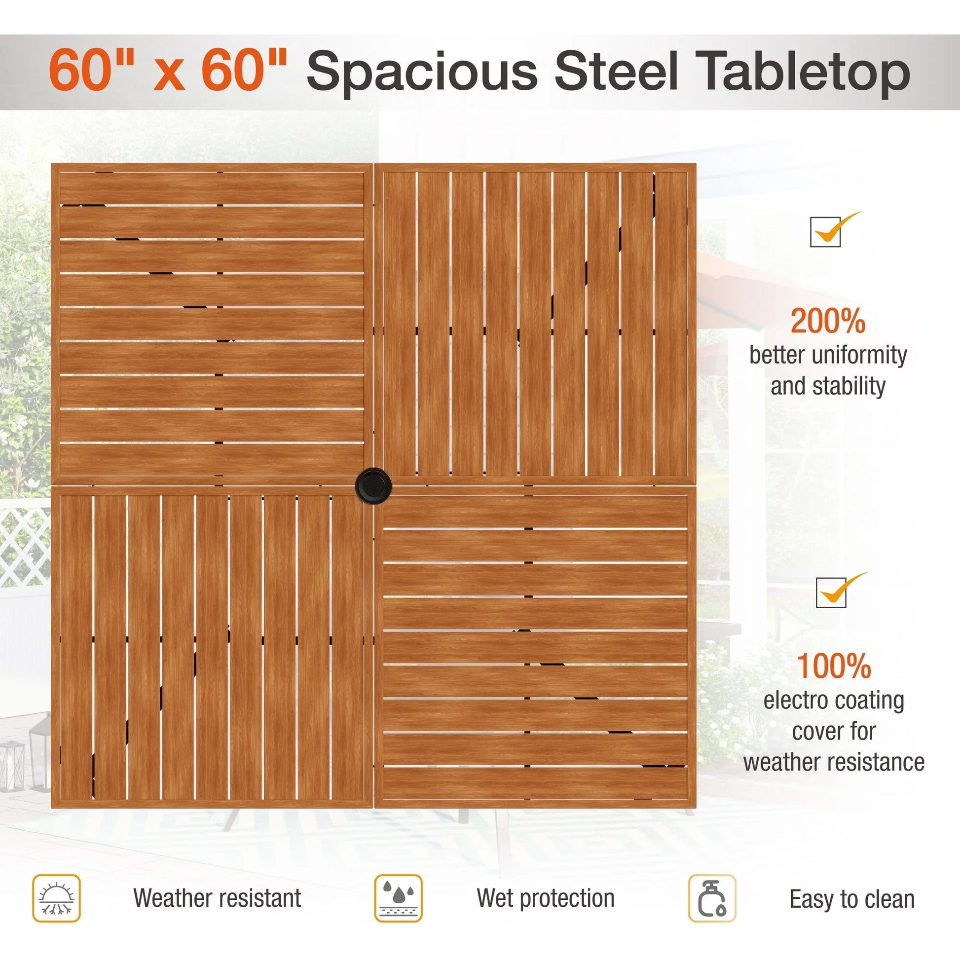 Sophia & William Metal 60" x 60" Patio Outdoor Square Dining Table for 8, Teak Color