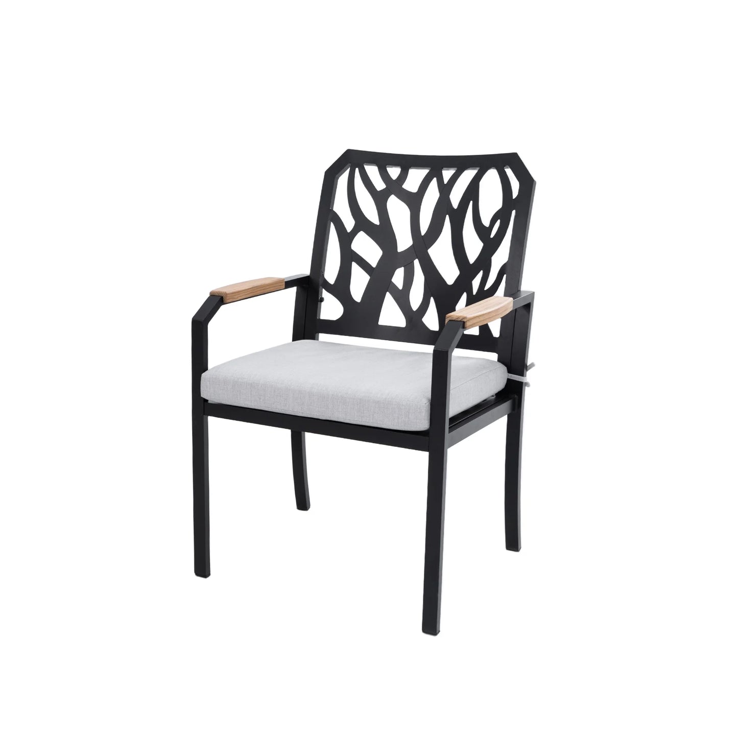 Outdoor Patio K/D Aluminum Stationary Dining Chairs 2PCS with Outdoor-grade Sunbrella Fabric Cushions, Branch-Like Backrest ,FSC-Certified Wood Armrests, Bourbon Brown