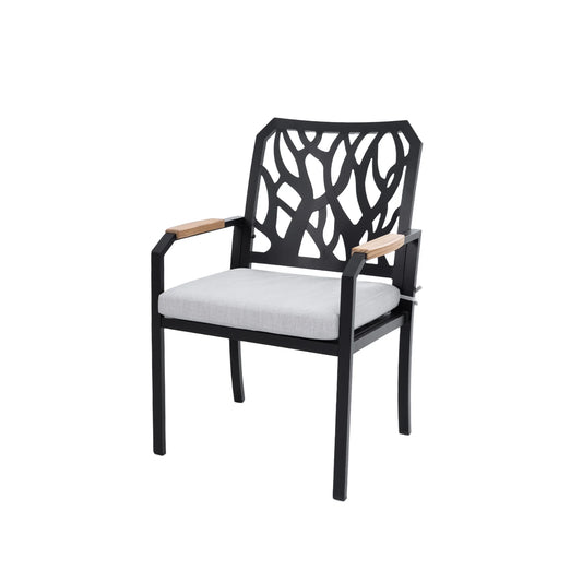Outdoor Patio K/D Aluminum Stationary Dining Chairs 2PCS with Outdoor-grade Sunbrella Fabric Cushions, Branch-Like Backrest ,FSC-Certified Wood Armrests, Bourbon Brown