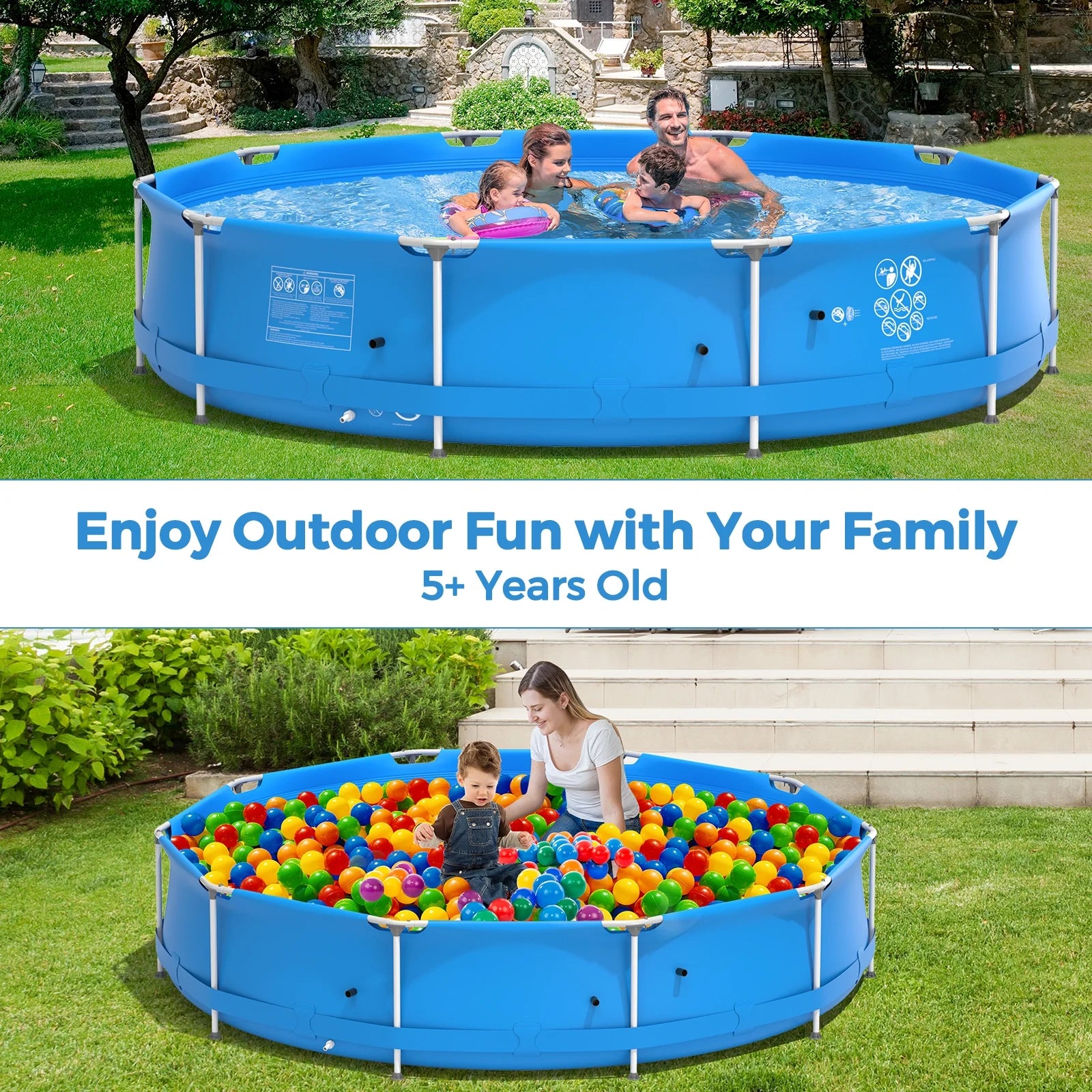 Infans Round Above Ground Swimming Pool Patio Frame Pool W/Pool Cover Iron Frame Blue
