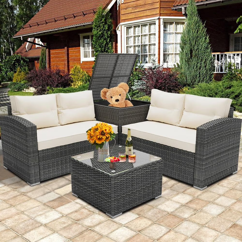SEGMART 4 Piece Patio Furniture Set, All-Weather Outdoor Sectional Sofa Set, PE Rattan Conversation Set with Storage Box, Table & Cushions, Wicker Furniture Couch Set for Patio Deck Garden