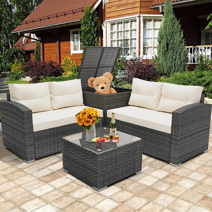 SEGMART 4 Piece Patio Furniture Set, All-Weather Outdoor Sectional Sofa Set, PE Rattan Conversation Set with Storage Box, Table & Cushions, Wicker Furniture Couch Set for Patio Deck Garden