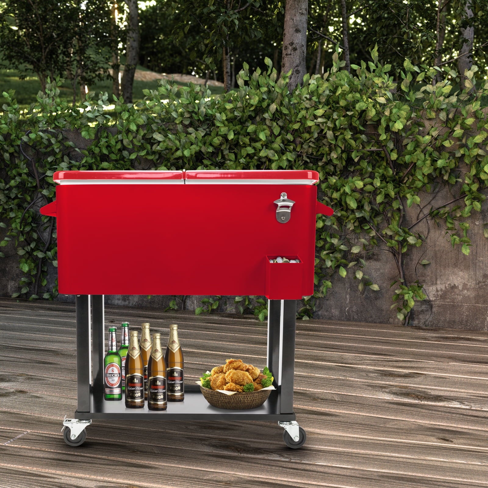 EasingRoom Iron Spray Plastic Patio Cooler Cart with Tray Cooler with Shelf Green