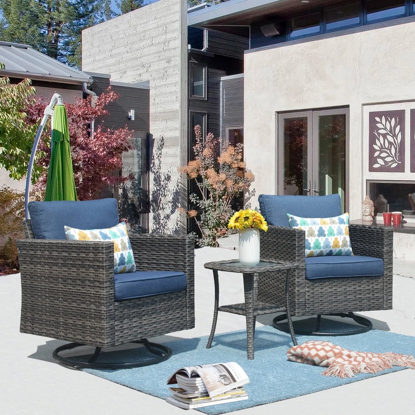 Ovios 3 Pieces Outdoor Furniture with 360° Swivel Rocker Chair Wicker Patio Bistro Set with Side Table