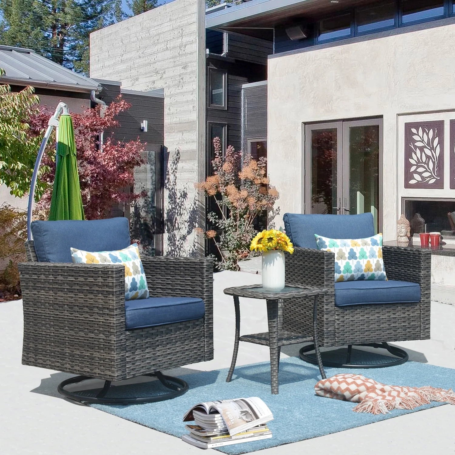 Ovios 3 Pieces Outdoor Furniture with 360° Swivel Rocker Chair Wicker Patio Bistro Set with Side Table