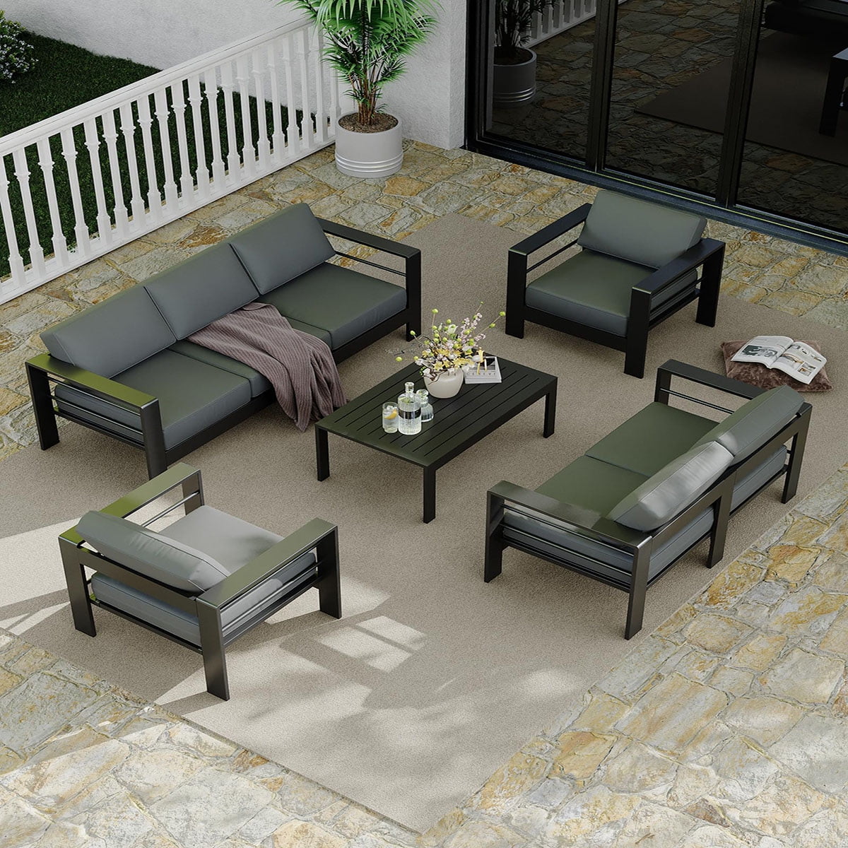 Ataucjin 5 Pieces Aluminum Patio Furniture Set, Outdoor Sectional Conversation Set Sectional Sofa with 4" Armrest & 5" Thick Cushions & Coffee Tableship in 4 boxes