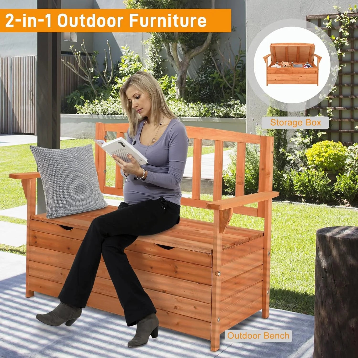 Outvita Outdoor Wood Storage Bench, Wooden Large Deck Box with Seating & Armrest, Waterproof Patio Organizer Loveseat for Garden Porch Deck Backyard Poolside, Natural