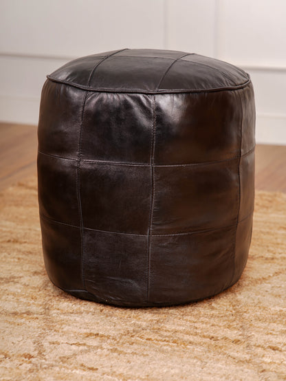 HANDMADE ECO-FRIENDLY ROUND SHAPED STUFFED LEATHER BLACK POUF - 14" x 14" x 14", Round Shape, Black Color, , Seating Pouf For Living Room, Study Room, Patio & Office