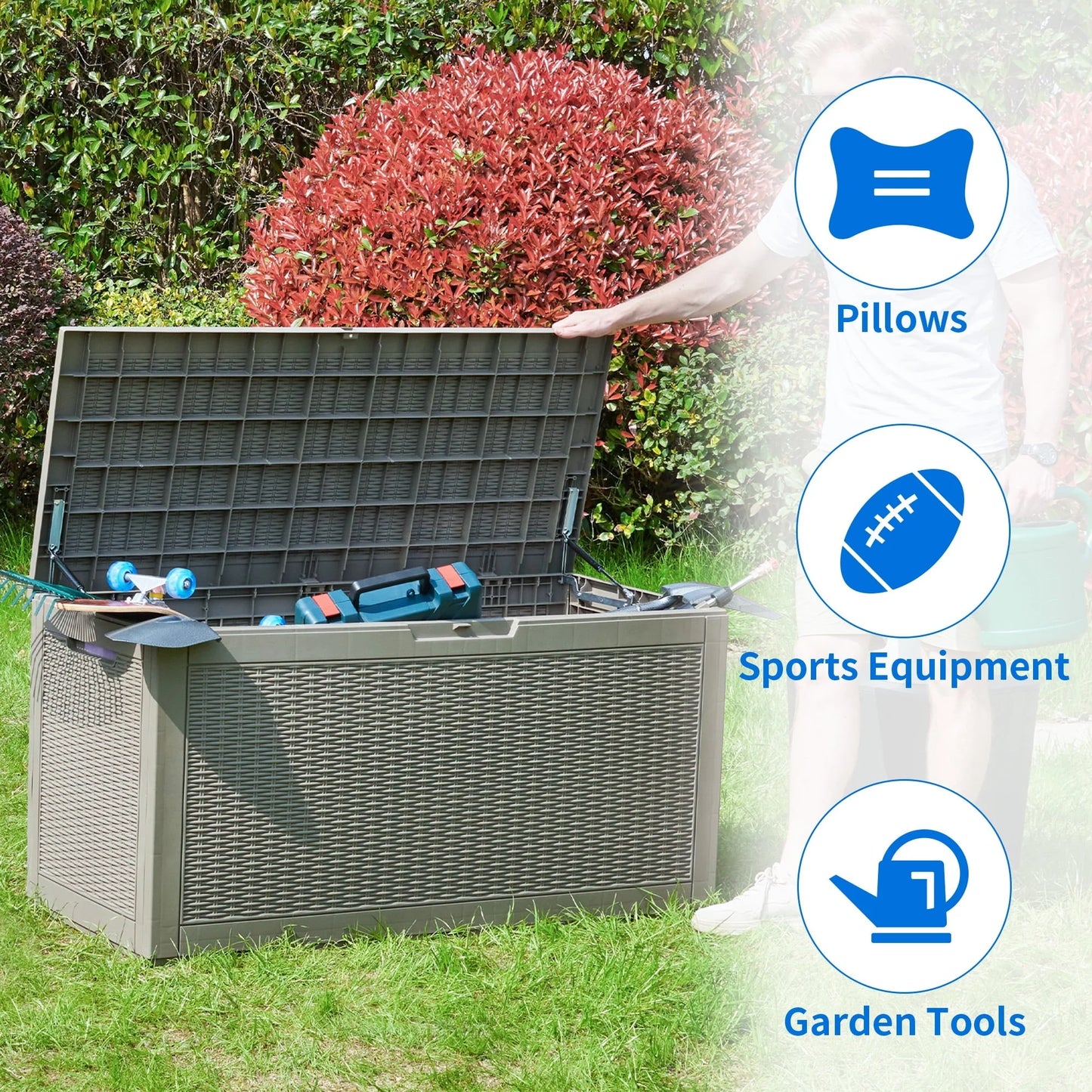 Dextrus 100 Gallon Spacious Resin Outdoor Storage Box for Patio Essentials, Outdoor Pillows, Landscaping Equipment, and Pool Accessories - Weatherproof, Secure (Light Brown)
