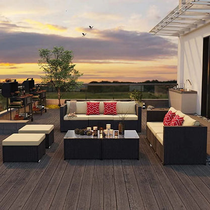 5Pcs Patio Conversation Set, Outdoor Rattan Sectional Sofa, Beige