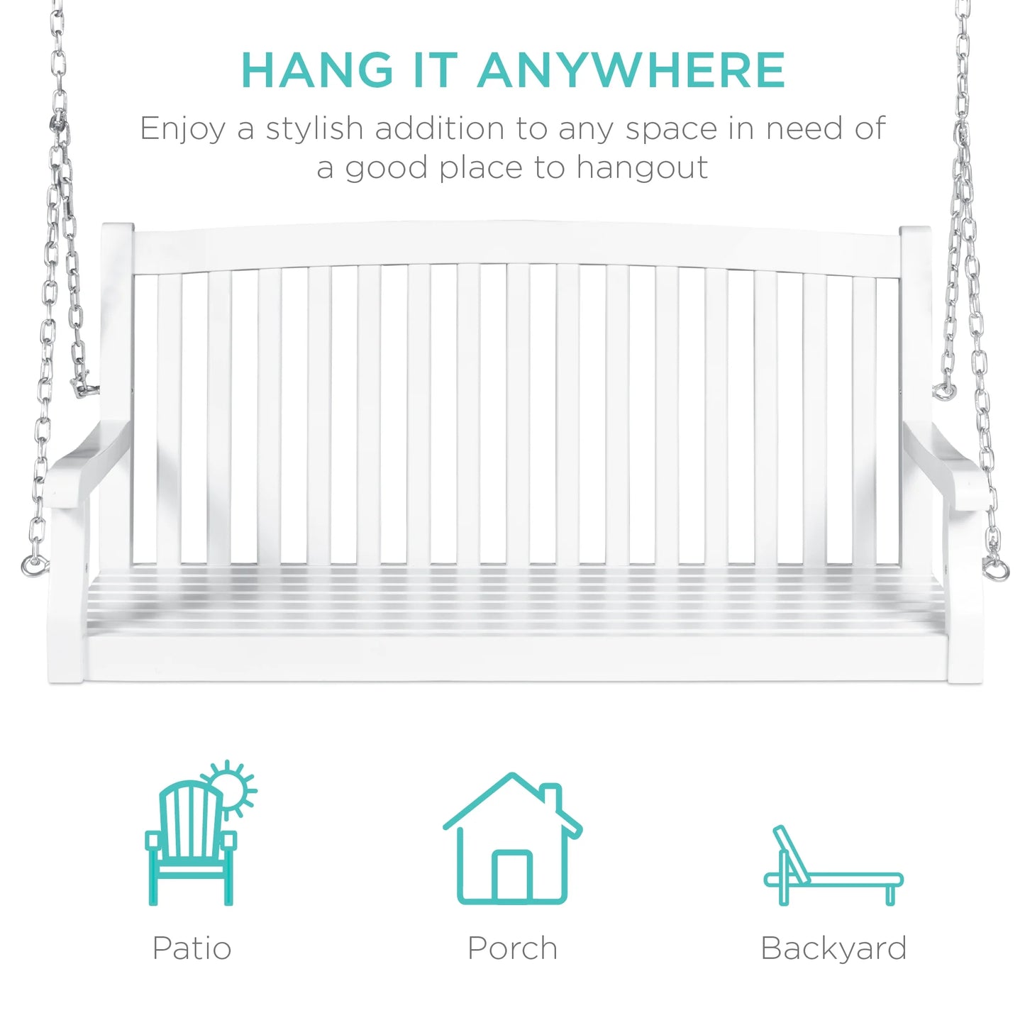 Best Choice Products 48in Wood Porch Swing Outdoor Patio Hanging Bench Chair w/Mounting Chains, 500lb Capacity - White