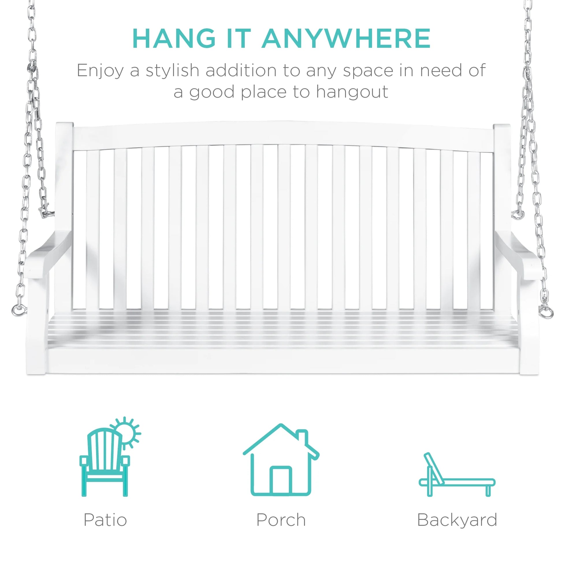 Best Choice Products 48in Wood Porch Swing Outdoor Patio Hanging Bench Chair w/Mounting Chains, 500lb Capacity - White