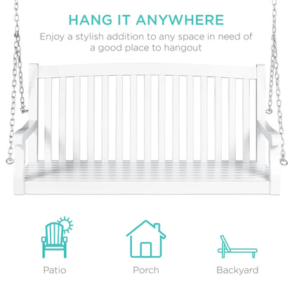 Best Choice Products 48in Wood Porch Swing Outdoor Patio Hanging Bench Chair w/Mounting Chains, 500lb Capacity - White