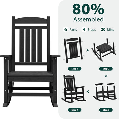 KINGYES HDPE Outdoor Rocking Chairs Set of 2,HDPE Patio Rocker for Porch,Black