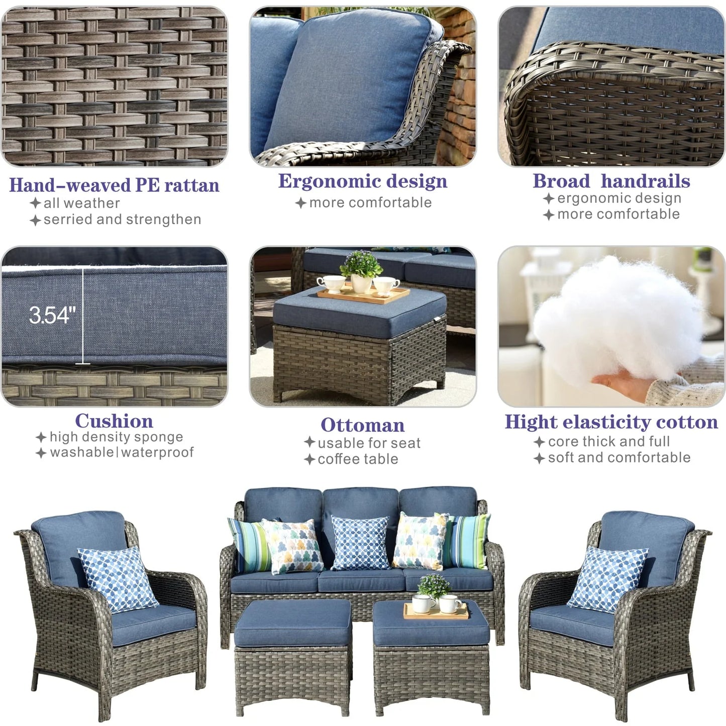 Ovios 5 Pieces Patio Furniture Wicker Rattan Patio Set with High-Back Comfort for Outdoors