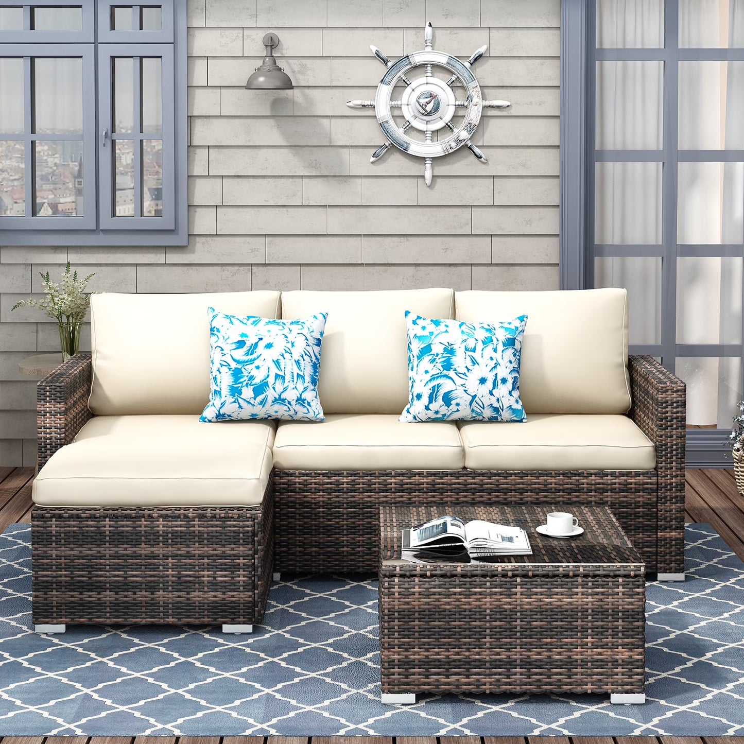 SUNTONE Patio Sectional Set - 3 Pieces Outdoor Conversation Set Wicker Rattan Outdoor Furniture Sofa with Table, Beige
