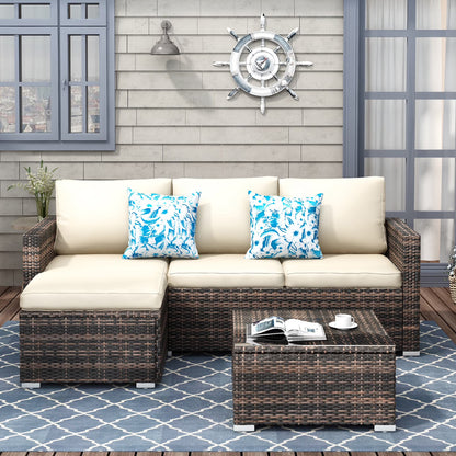 SUNTONE Patio Sectional Set - 3 Pieces Outdoor Conversation Set Wicker Rattan Outdoor Furniture Sofa with Table, Beige