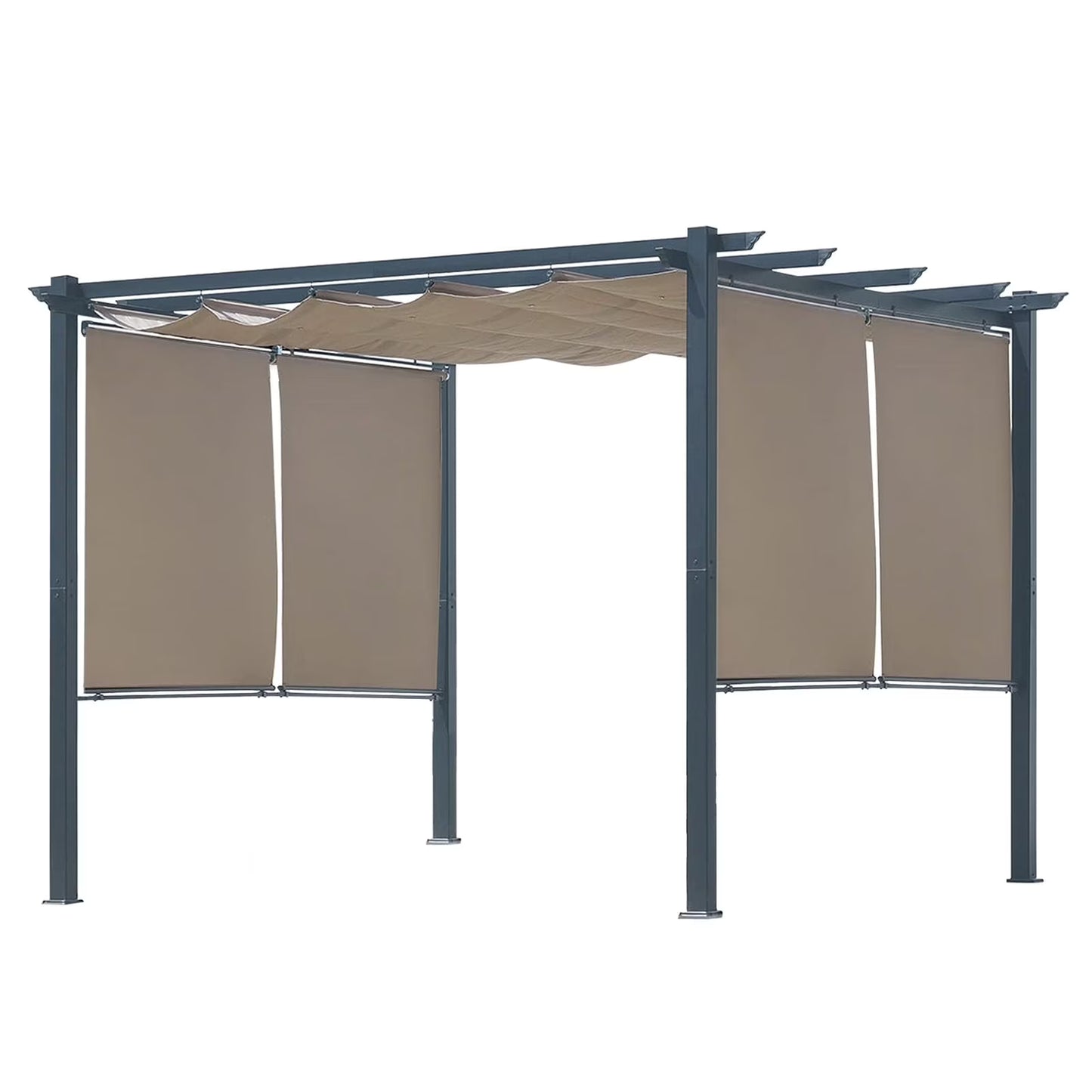 BPS 10'x10' Outdoor Retractable Pergola with Sun Shade Canopy & Curtains, Patio Aluminum Pergola Gazebos for Backyard Deck Garden, Dark Gray