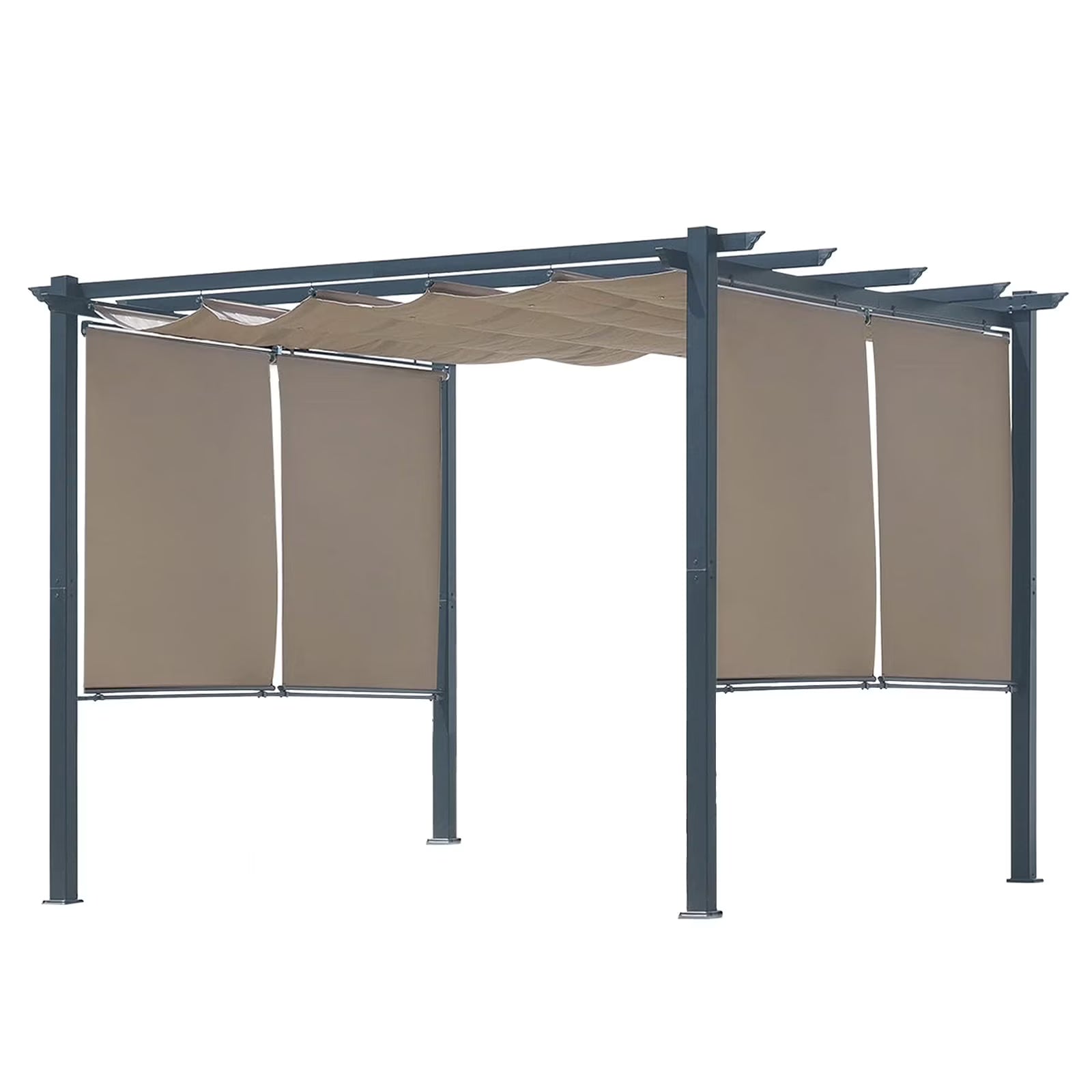 BPS 10'x10' Outdoor Retractable Pergola with Sun Shade Canopy & Curtains, Patio Aluminum Pergola Gazebos for Backyard Deck Garden, Dark Gray