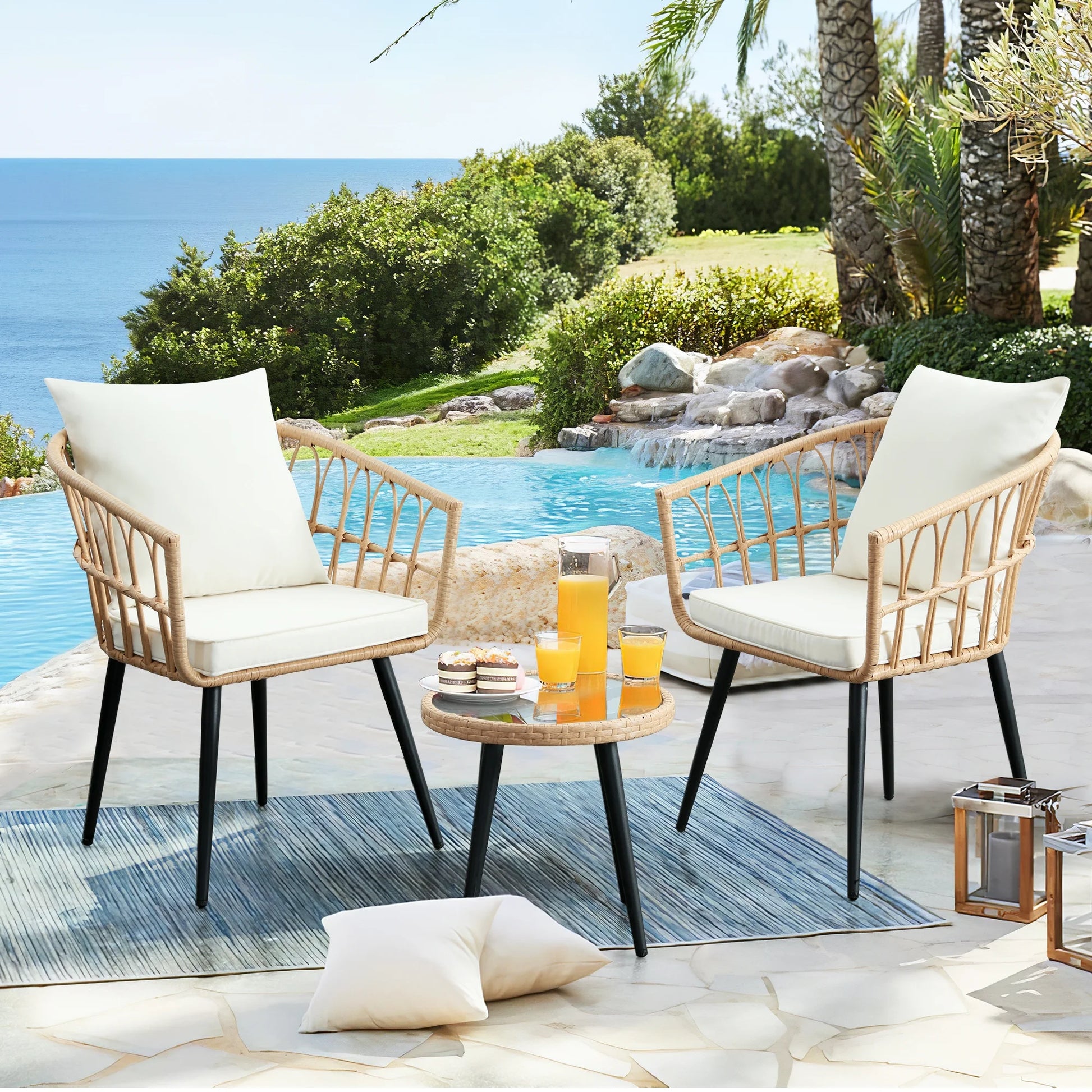 FHFO 3 Piece Patio Bistro Set, Outdoor Wicker Apartment Balcony Furniture Sets, Rattan Table and Chairs Set of 2 for Porch Backyard Lawn Poolside Deck, Beige