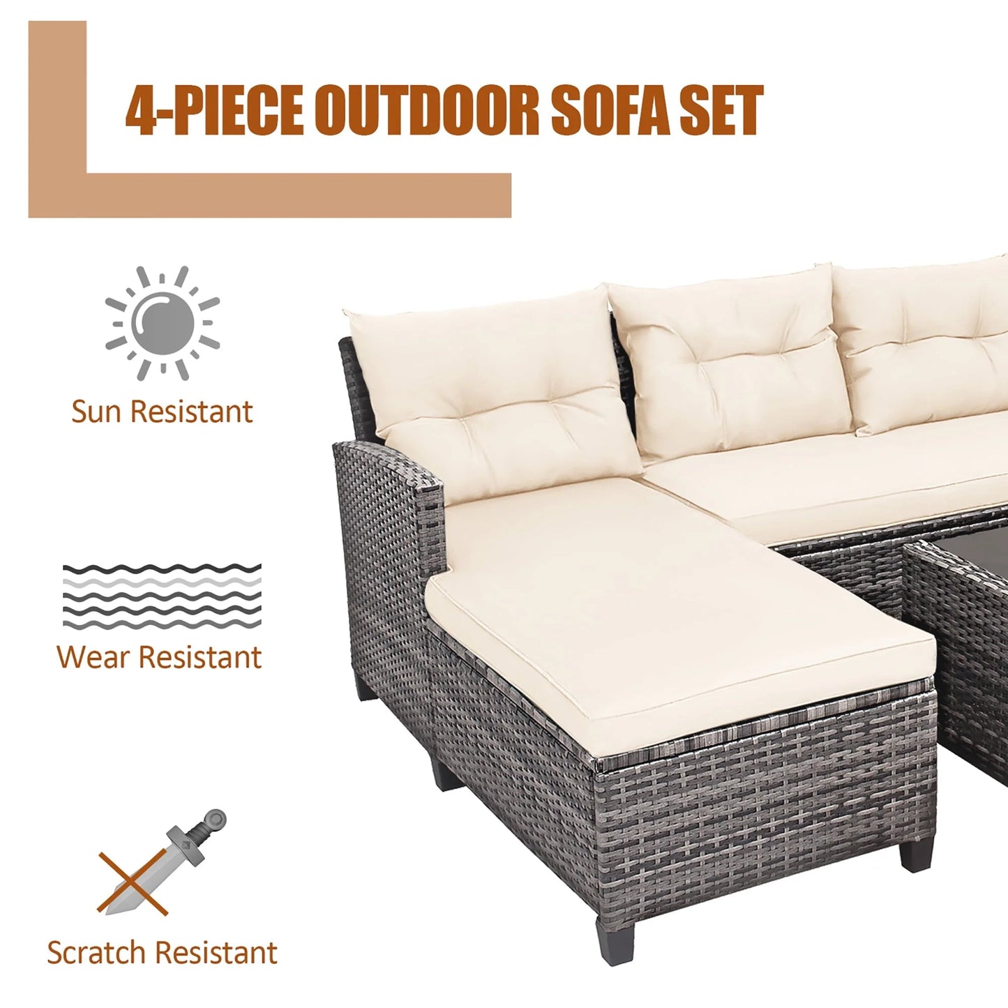 Gymax 4PCS Rattan Patio Conversation Furniture Set Outdoor Sectional Sofa Set White