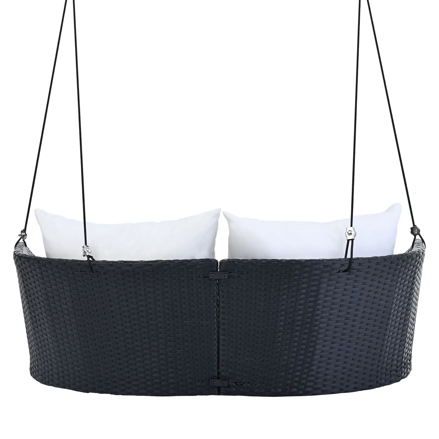 51.9" 2 Seat Patio Swing Chair, Rattan Woven Porch Swing with Adjustable Ropes, Cushion and Pillow, Wicker Outdoor Hanging Bench for Garden Yard, 500LBS Weight Capacity, Black and White