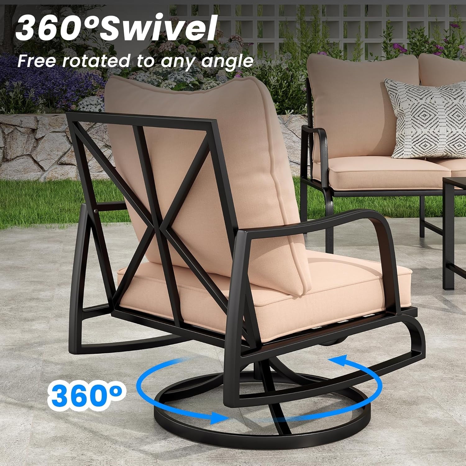 Farini Patio Furniture Set, 4 Piece Outdoor Patio Furniture Set, 2 x Outdoor Swivel Chair, 1 x 2-Seats Sofa and 1 x Coffee Table, Metal Conversation Set for Porch, Balcony, and Backyard
