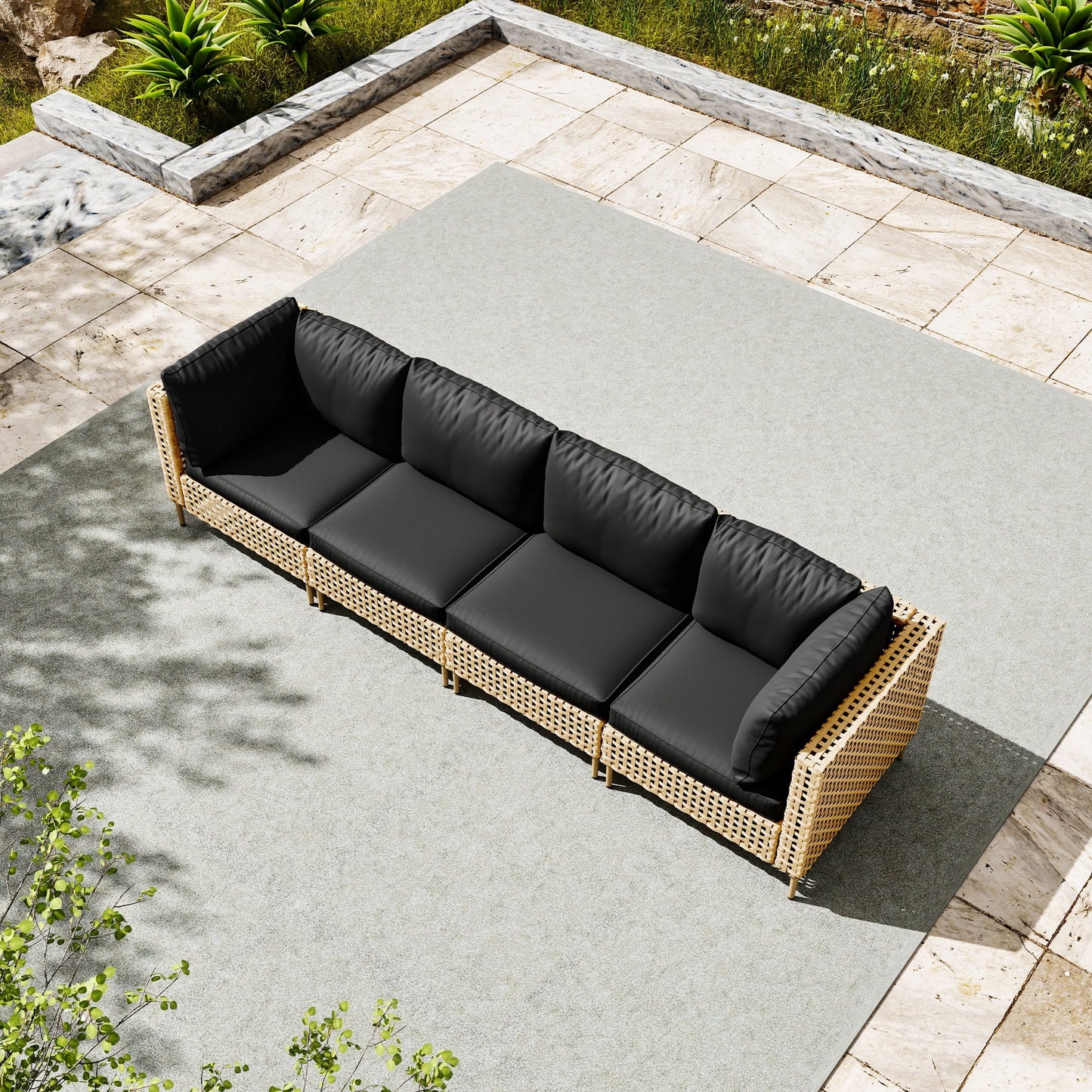 Bifanuo 4-Piece Wicker Outdoor Sectional Sofa, Patio Furniture Set, with Beige Fluffy Cushions (without Coffee Table)