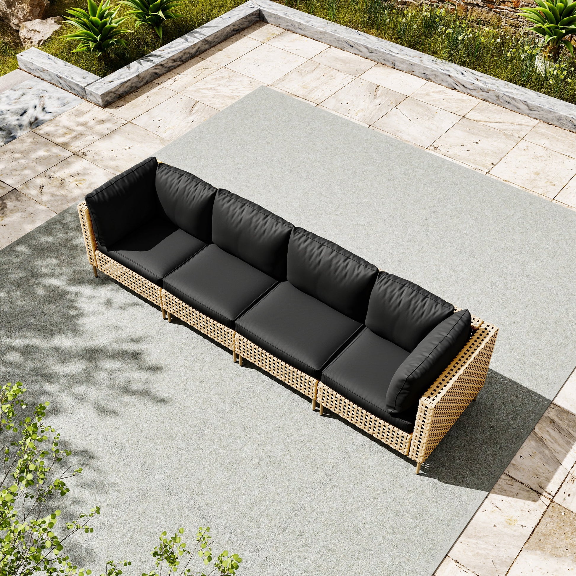 Bifanuo 4-Piece Wicker Outdoor Sectional Sofa, Patio Furniture Set, with Beige Fluffy Cushions (without Coffee Table)