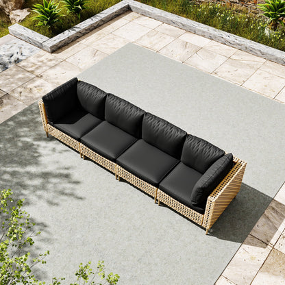 Bifanuo 4-Piece Wicker Outdoor Sectional Sofa, Patio Furniture Set, with Beige Fluffy Cushions (without Coffee Table)