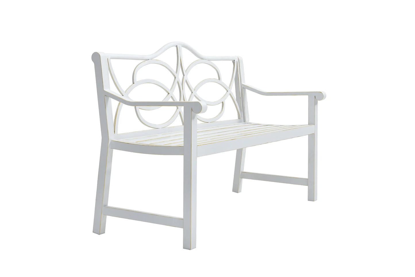 Royard Oaktree Outdoor Patio Bench, Garden Bench with Iron Metal Steel Frame, Backrest, and Armrests, Park Bench with Slatted Seat for 2-3 People for Lawn, Yard, Balcony, Porch, White