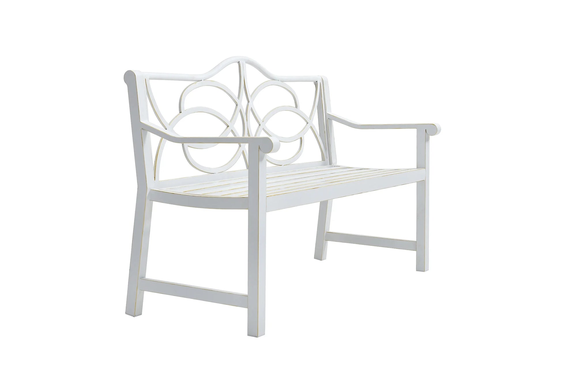 Royard Oaktree Outdoor Patio Bench, Garden Bench with Iron Metal Steel Frame, Backrest, and Armrests, Park Bench with Slatted Seat for 2-3 People for Lawn, Yard, Balcony, Porch, White