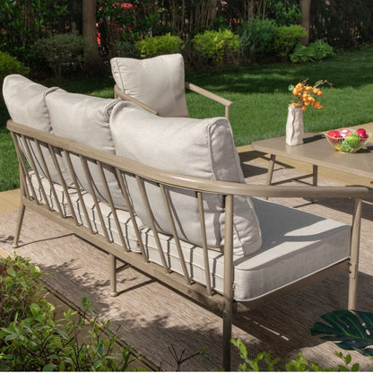MF Studio 4-Piece Windsor Style Outdoor Patio Furniture Set, Farmhouse Wood-Grain Metal Outdoor Patio Conversation Set for 5 People, Beige