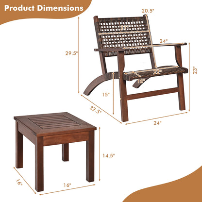 Gymax 3PCS Rattan Patio Chair & Table Set Outdoor Furniture Set w/Wooden Frame