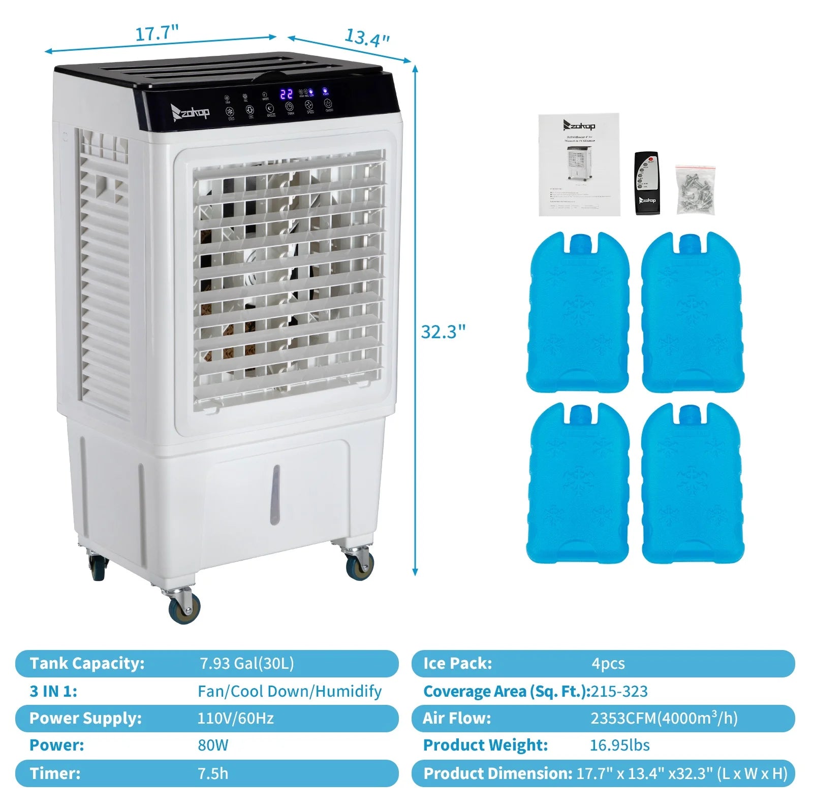 Evaporative Air Cooler, 2353CFM Portable Cooling Fan w/Humidifier, Indoor Outdoor Swamp Cooler for Home Patio, 7.9GAL Water Tank, 4 Ice Packs, 3 Speeds, 90?Swing