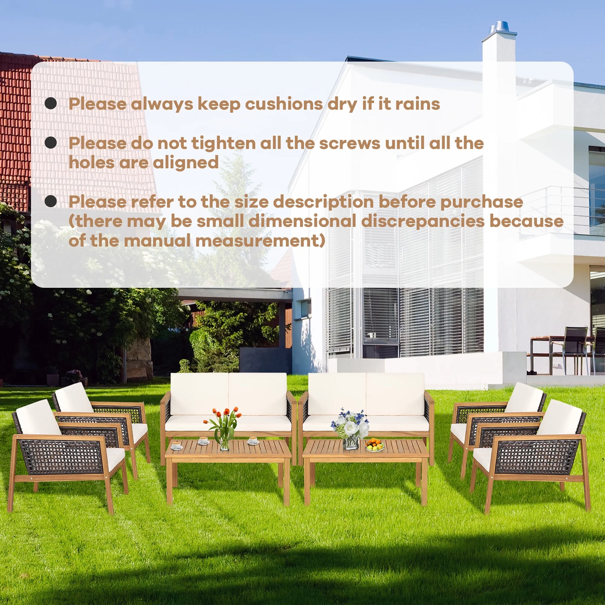 Costway 8PCS Patio Rattan Furniture Set Acacia Wood Cushioned Sofa Off White