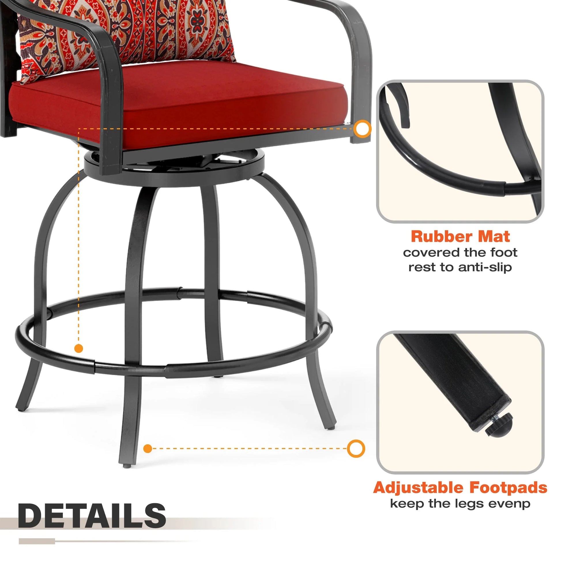 Sophia & William 3 Piece Outdoor Patio Swivel Bar Stools Set & Height Table Backyard Furniture Bistro Set, Red