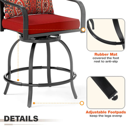 Sophia & William 3 Piece Outdoor Patio Swivel Bar Stools Set & Height Table Backyard Furniture Bistro Set, Red