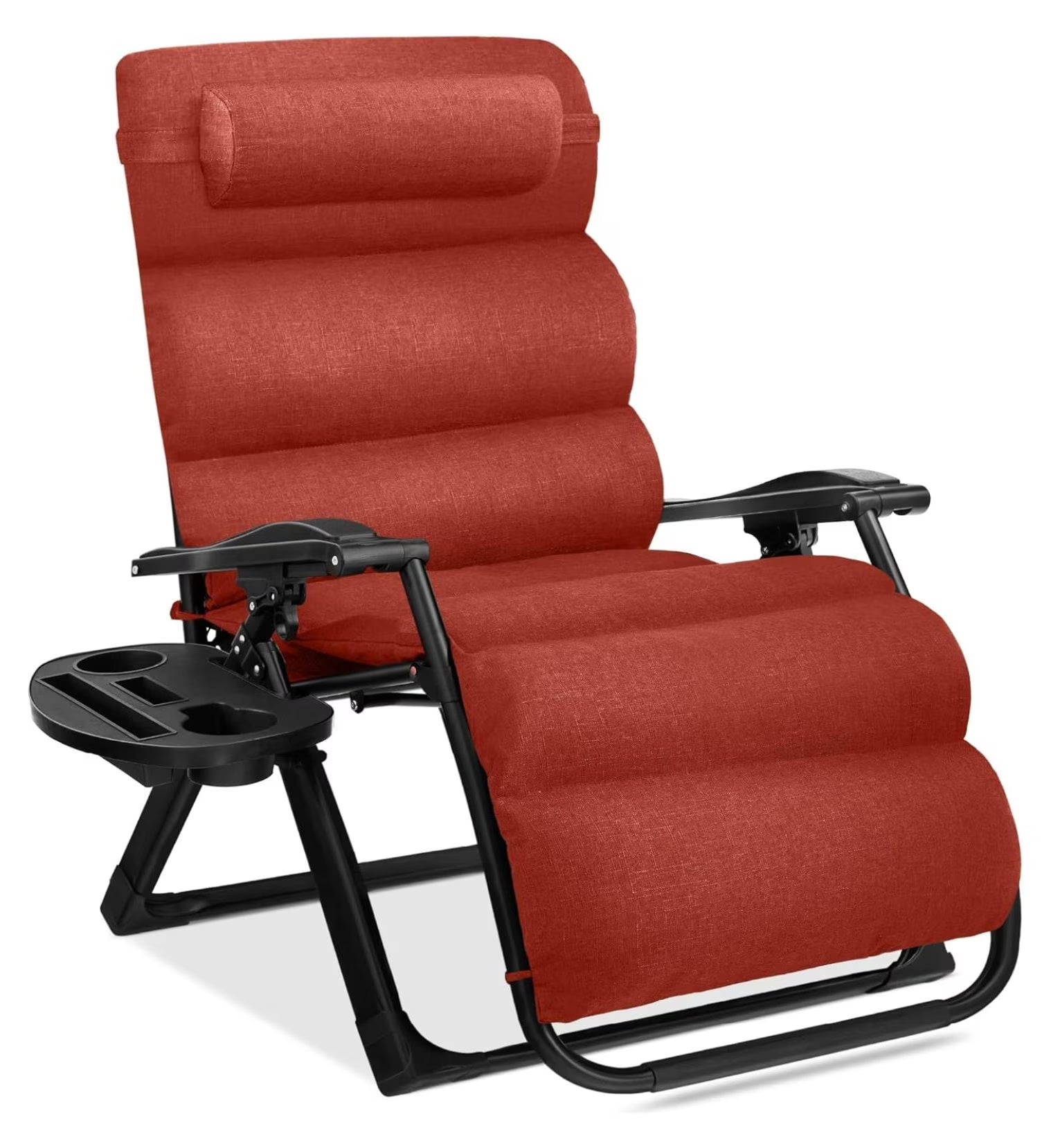 Oversized Chair, Folding Outdoor Patio Recliner, XL Anti Gravity Lounger w/Removable Cushion, Cup Holder, Side Tray, 350lb Capacity - Taupe