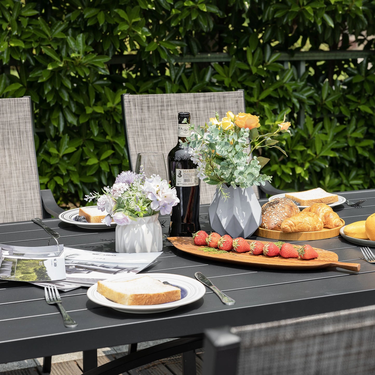 Nuu Garden 7 Piece Patio Dining Set, Rust-Resistant Aluminum Outdoor Dining Set, Include 6 Textilene Chairs and Rectangle Dining Table with Umbrella Hole, Grayish Brown