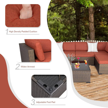 Kinbor 7pcs Outdoor Patio Furniture Set Wicker Sectional Sofa with Cushions, Maple Red