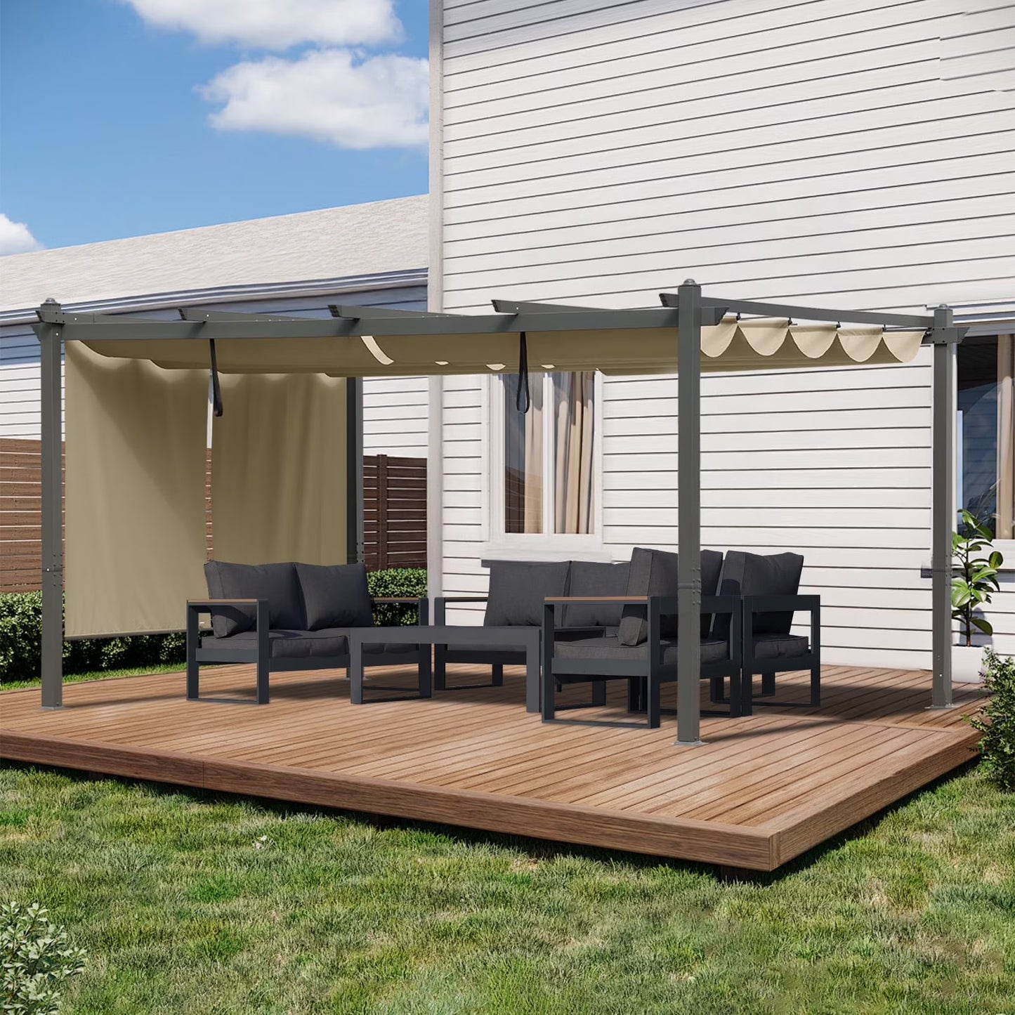 BPS 16' x 12' Outdoor Pergola with Retractable Canopy & Adjustable Sun Shade, Patio Aluminum Pergolas Gazebos, Khaki