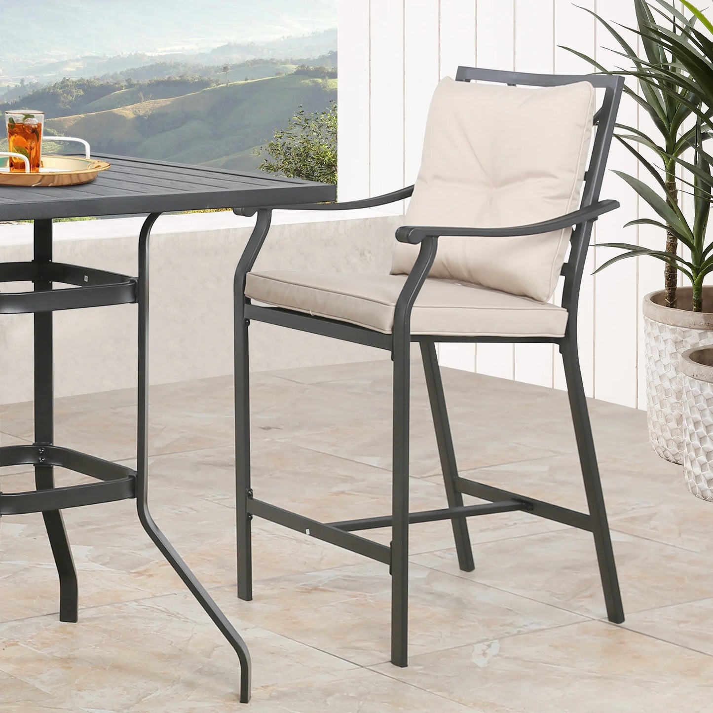 Ulax Furniture Outdoor Bar Stools Metal Patio Counter Height Bar Stool Chairs with Beige Cushion, Set of 2