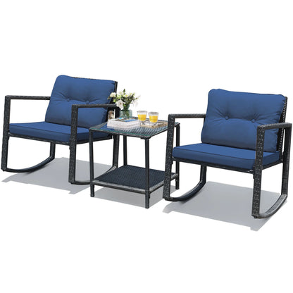 Gymax 3PCS Rattan Rocking Chair Table Set Patio Furniture Set w/Navy Cushions